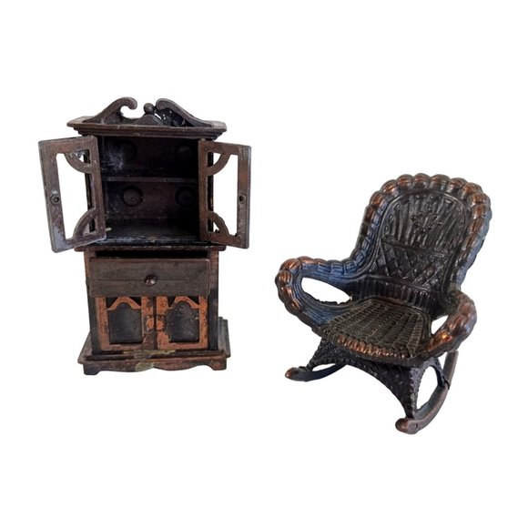 Vintage 1970's Bronze Die Cast Dollhouse Miniature 3" Cabinet & 2" Rocking Chair - Picture 2 of 8